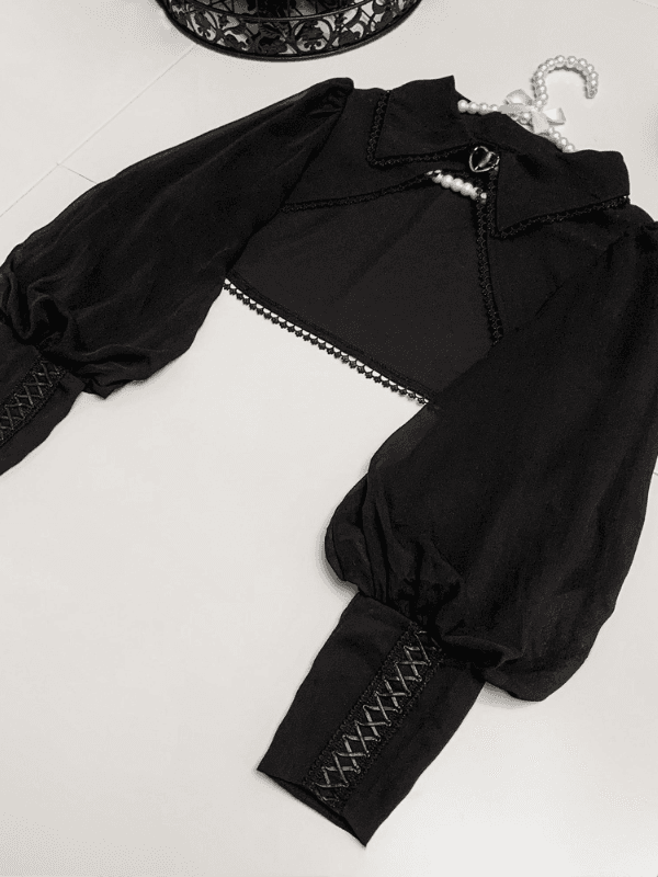 ハートストラップボリュームスリーブショートシアーブラウス - Black / S