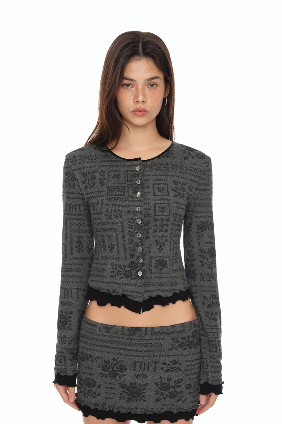 FLORAL MOTIF LAYERED CARDIGAN (CHARCOAL)