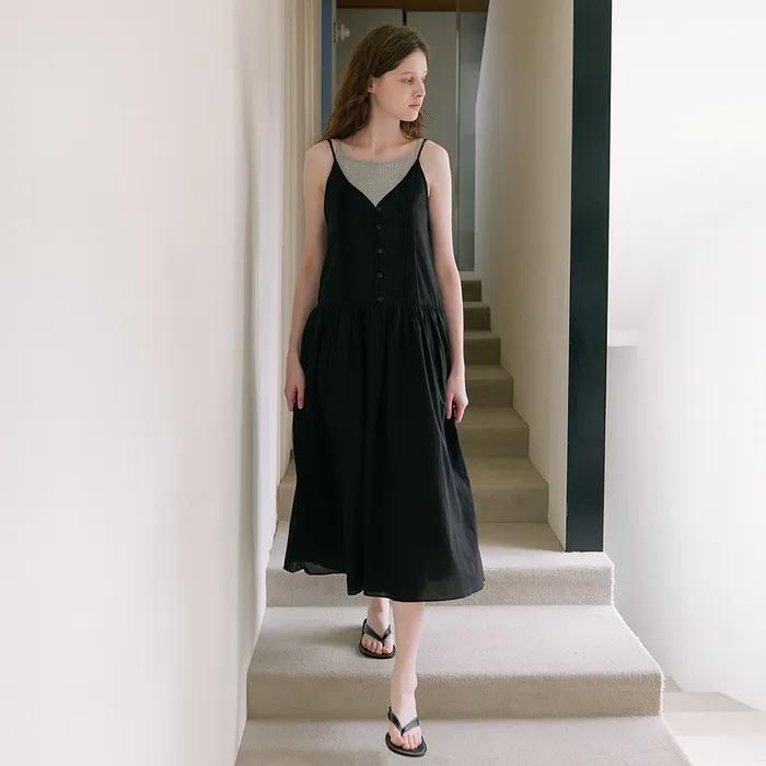 Button Sleeveless Long Dress - Black