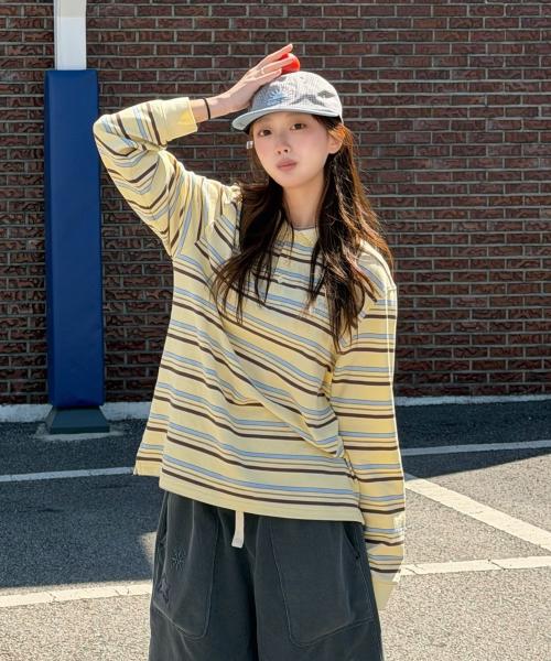 스트라이프 로고 피케 롱슬리브 티셔츠 옐로우