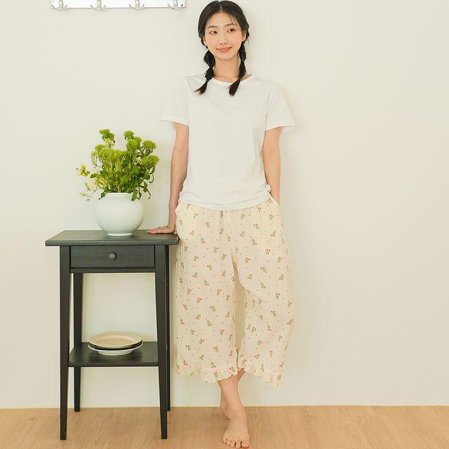 파란 여성용 프릴 7부 주머니 파자마 바지