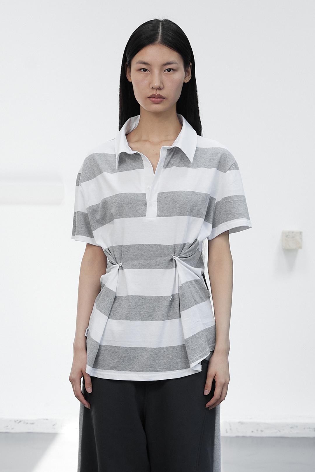 Wide Stripe Button Pinch Half Top / Gray