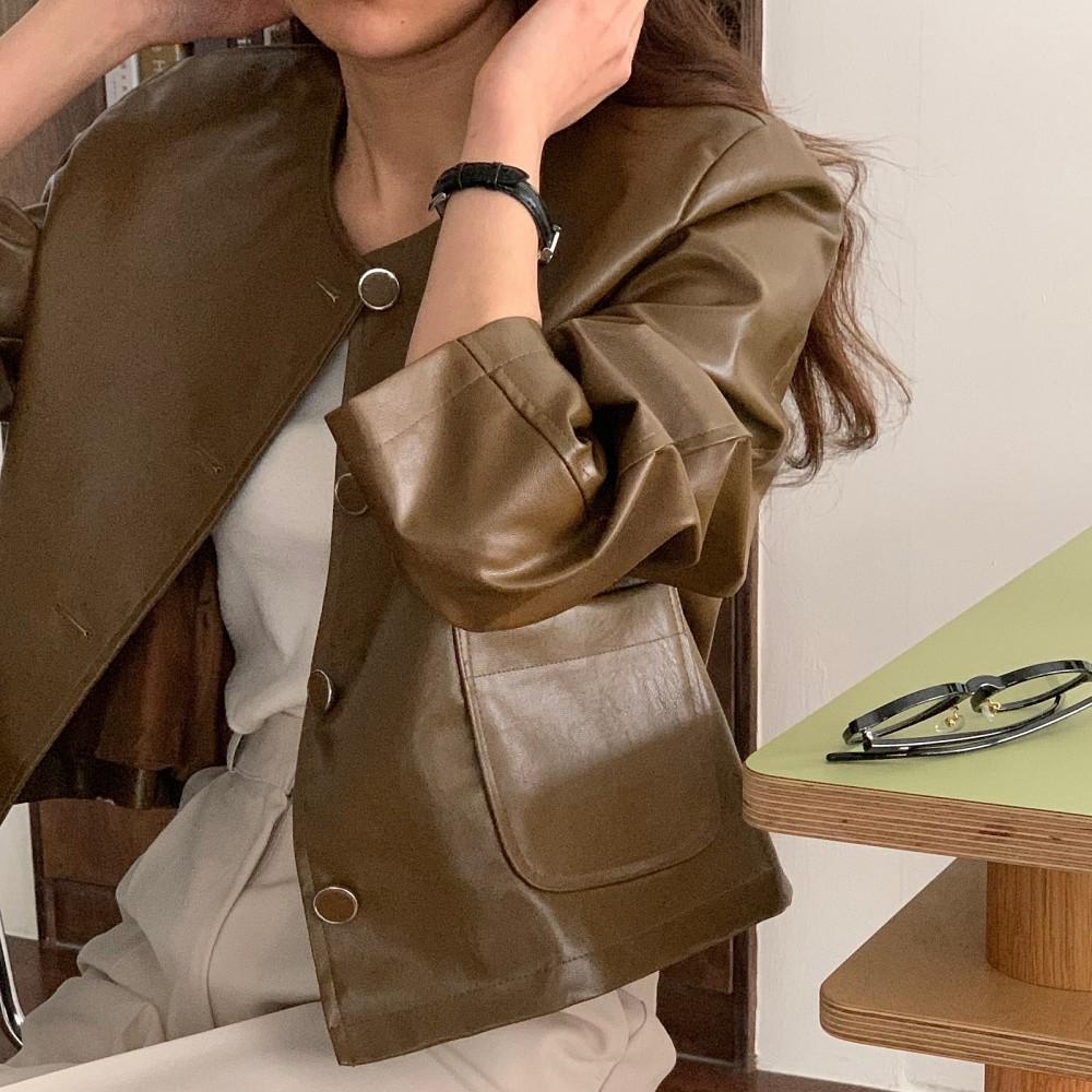 라이더자켓 크롭 노카라 가죽 레더 자켓