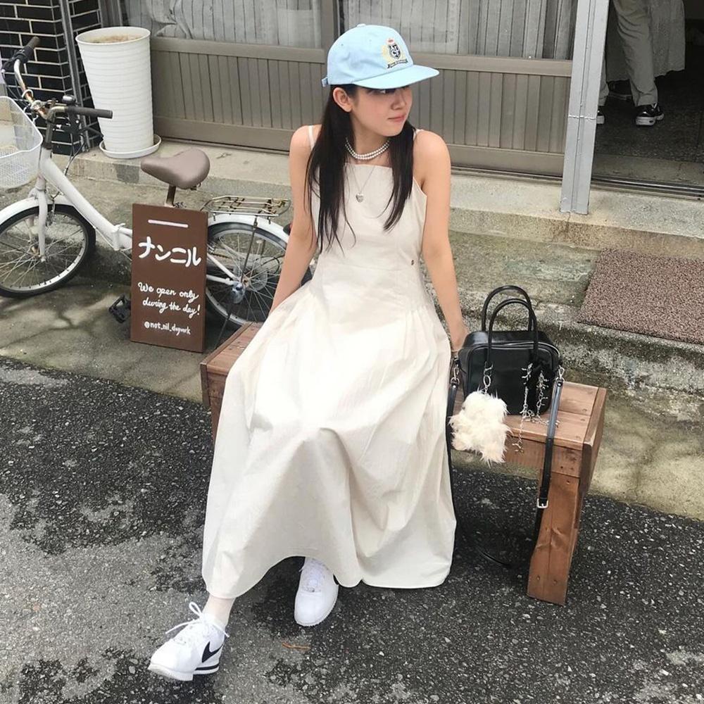 Square neck pintuck sleeveless long dress - beige