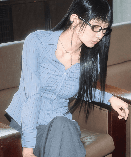 스트라이프 셔링 오픈 셔츠  [블루]