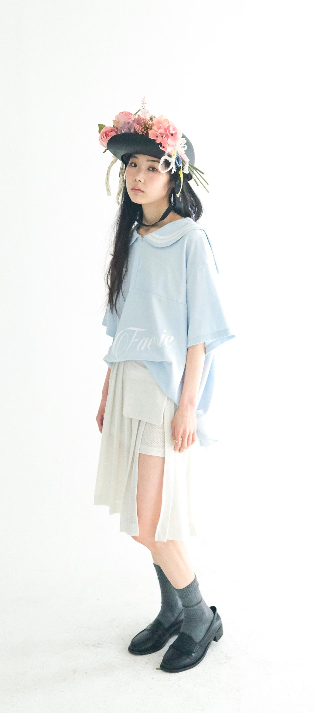 [fa.er.ie] sailor collar mesh loose top (sky blue)