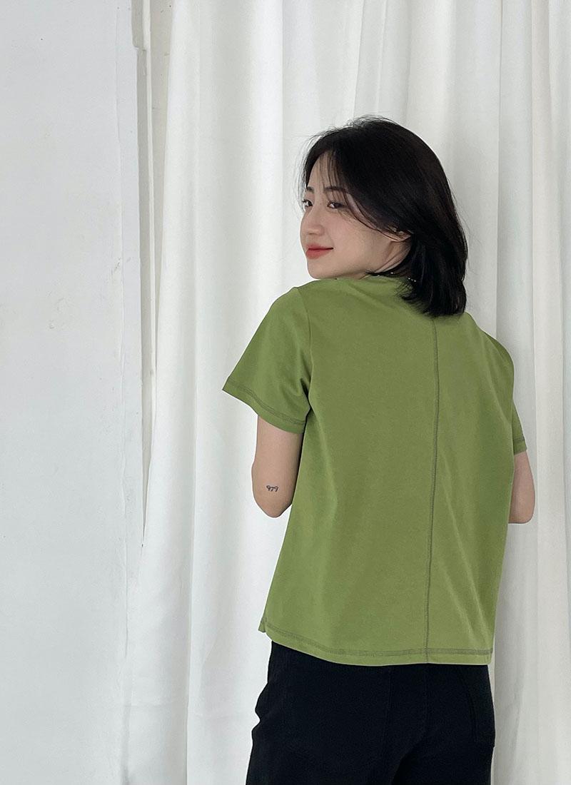 Back stitch 여자 스티치 반팔티 데끼 무지 기본 반팔 면 레이어드 초록색 노란색