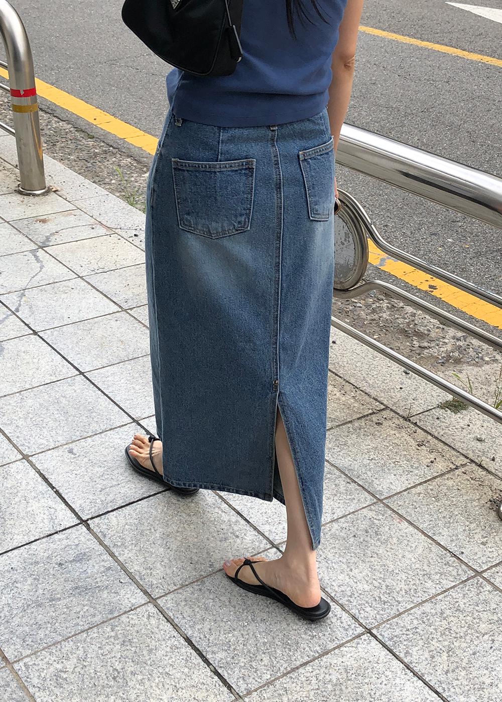 [Essential/3rd] 데님 롱 스커트 - Mid blue