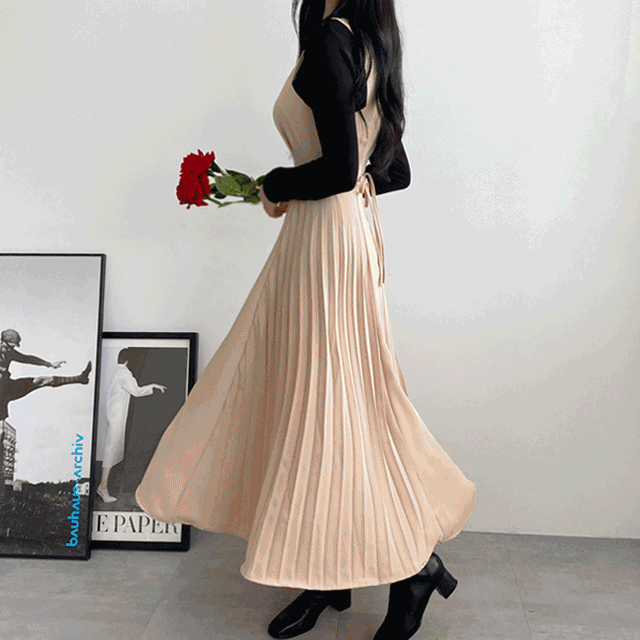 [*당일발송*/핏대박/5color]뮤즈 스퀘어넥 플리츠 뷔스티에 허리끈 롱 원피스