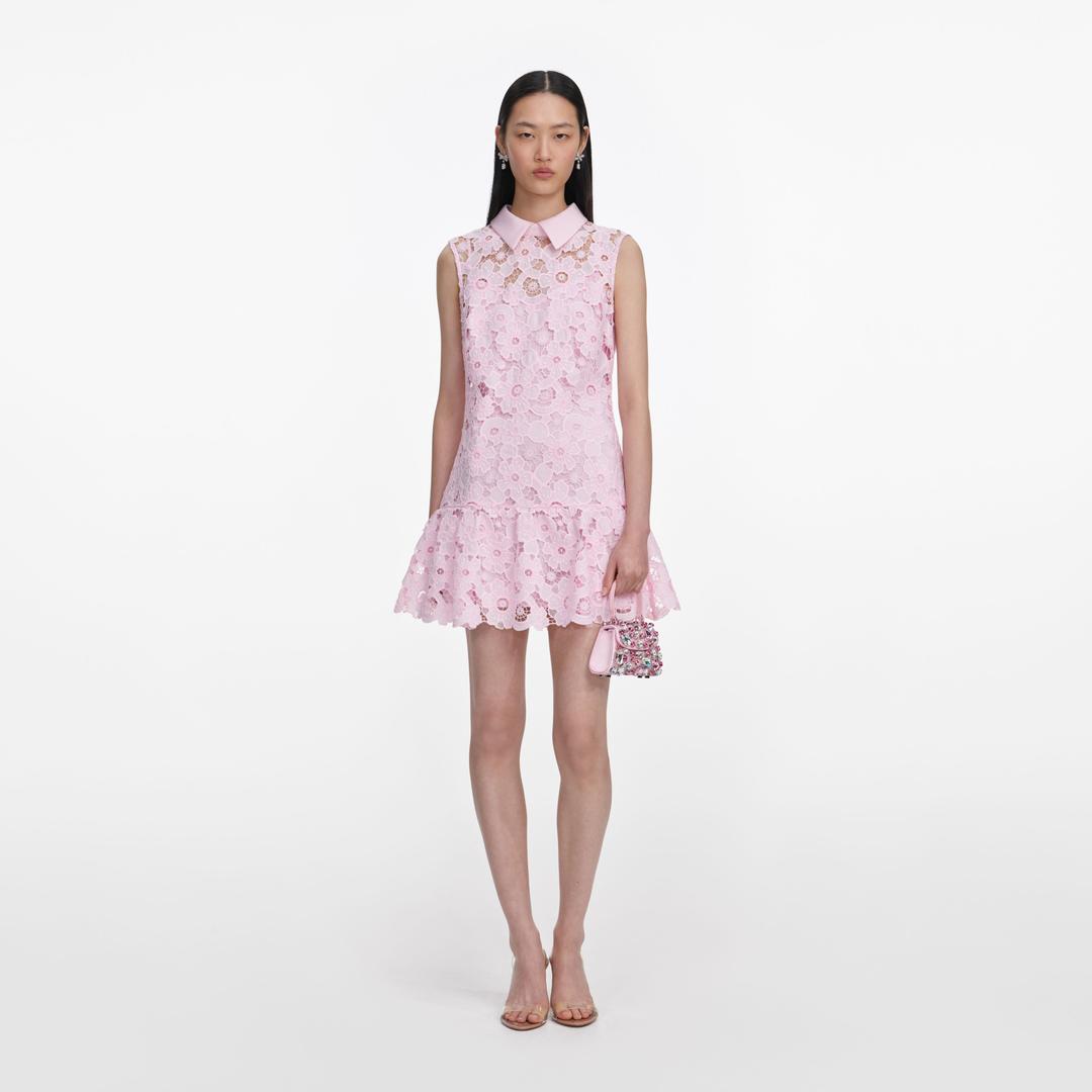 Pink Lace Collared Mini Dress - UK 4