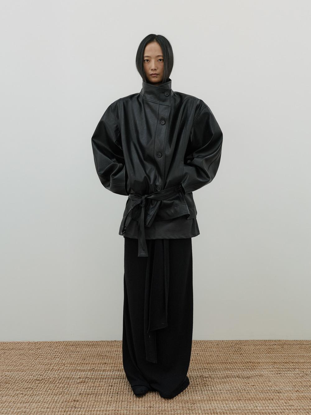 High Neck Belted Leather Jacket (black)