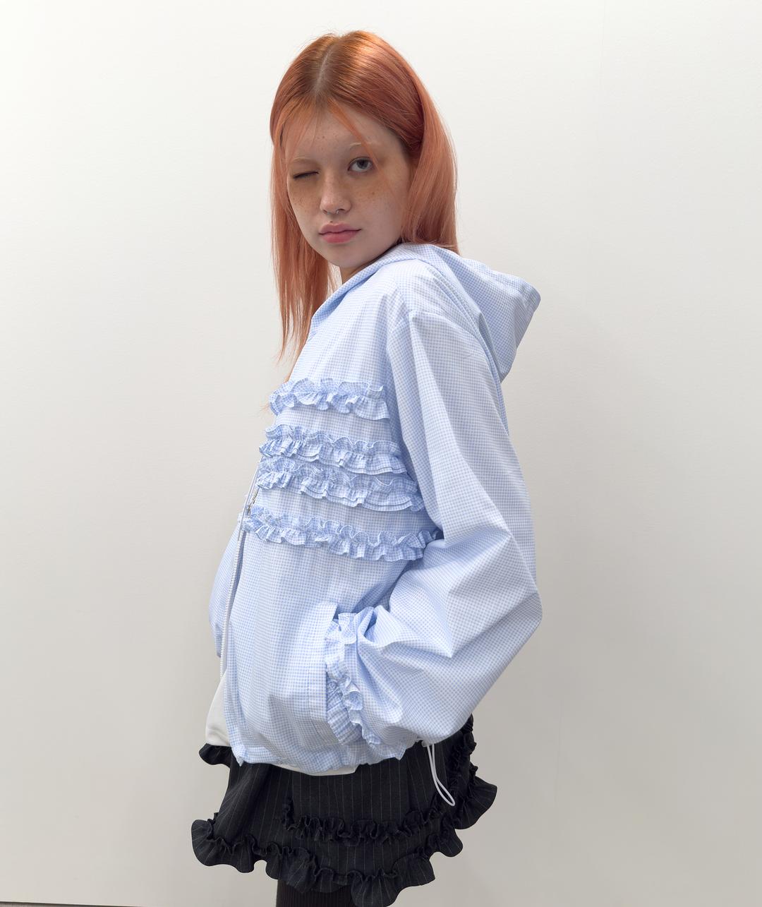 Ruffled Plaid Hoodie Jacket [Sky Blue]