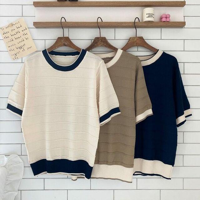 반팔니트 여름 배색 반팔 꽈배기 니트