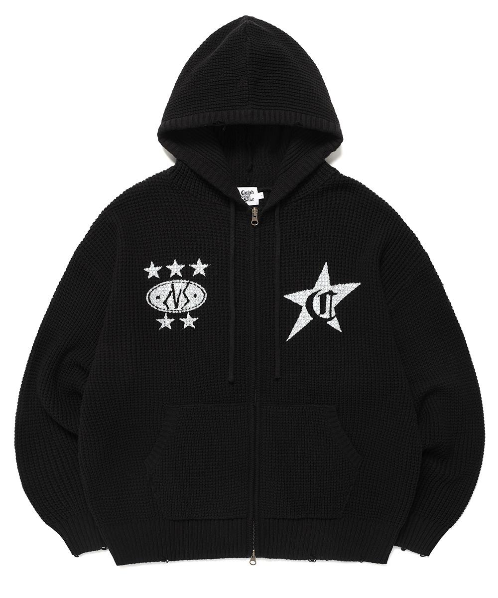 DAMAGED KNIT ZIP UP HOODIE[BLACK]