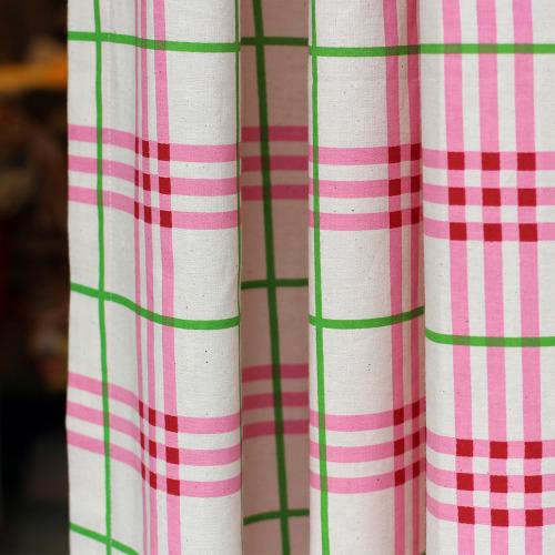 green pink check curtain