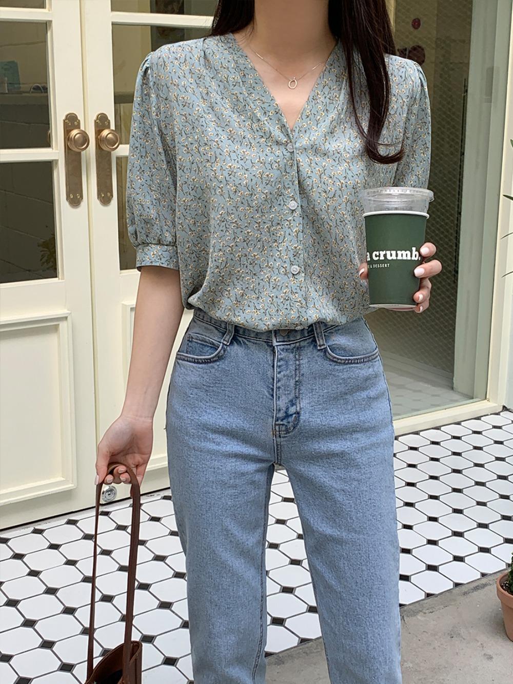 [자체제작/S-XL]러브린 플라워 셔링 반팔 블라우스