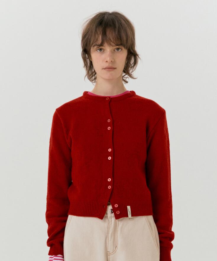 Emoji jacquard u-neck cardigan / red