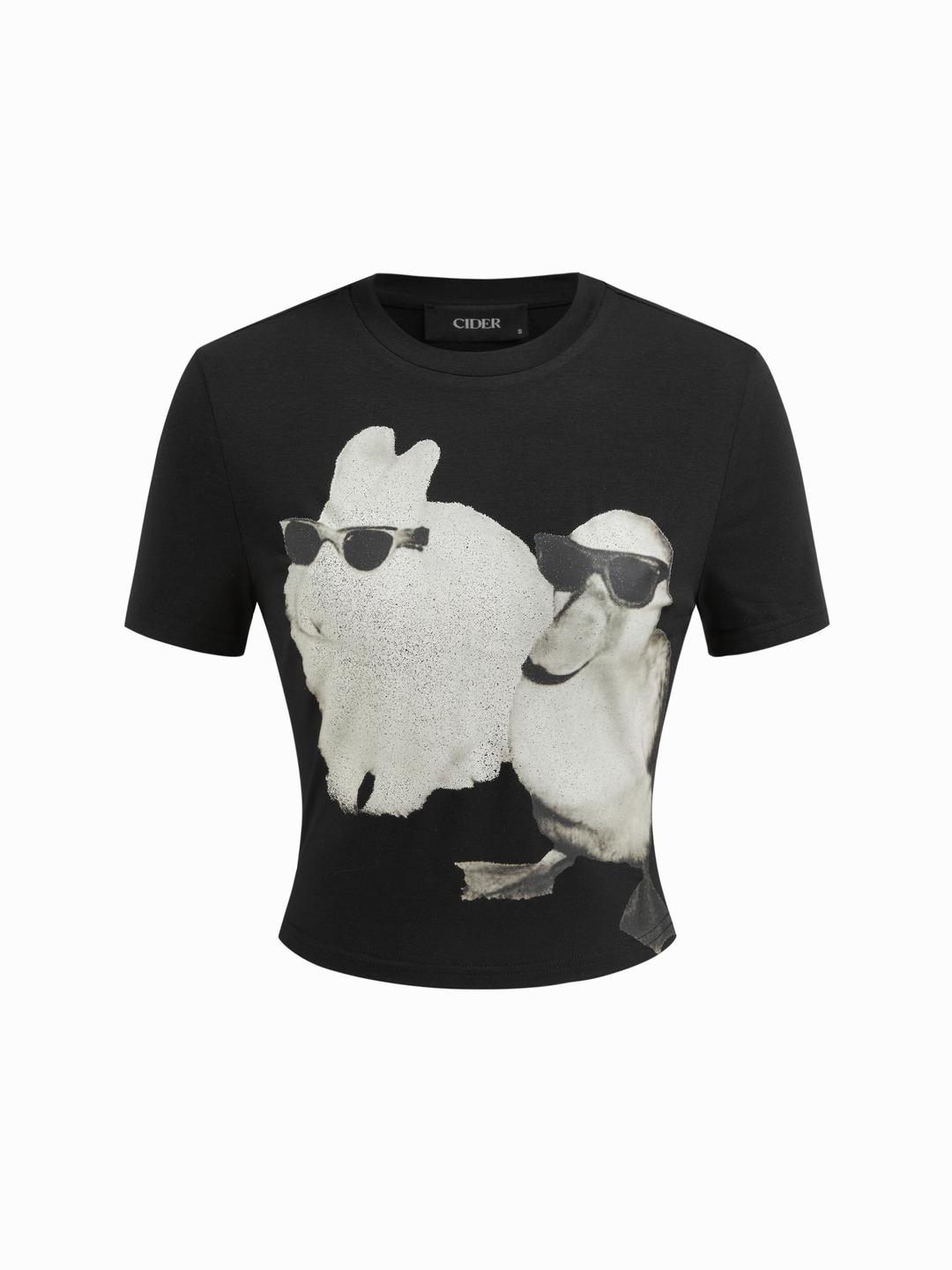Round Neckline Rabbit & Duck Graphic Crop Tee