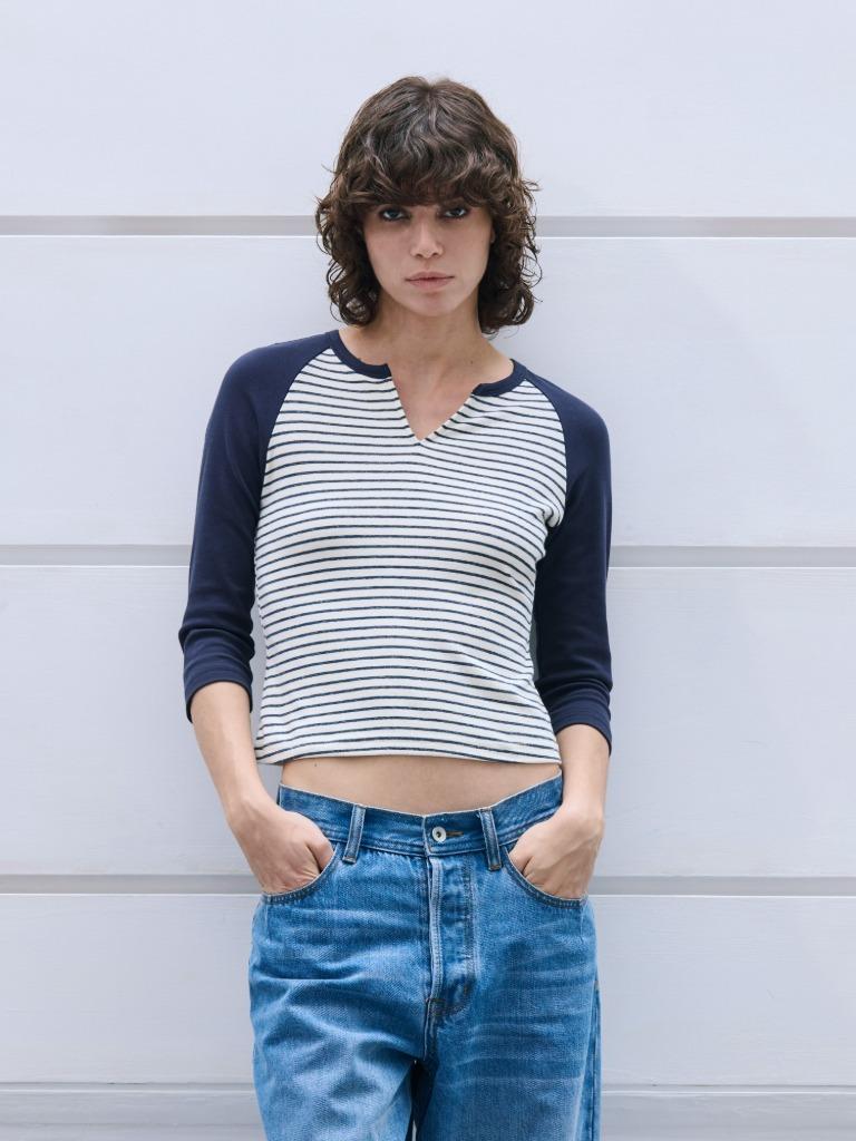 Cotton silk mixed vintage stripe V-neck short-sleeved T-shirt