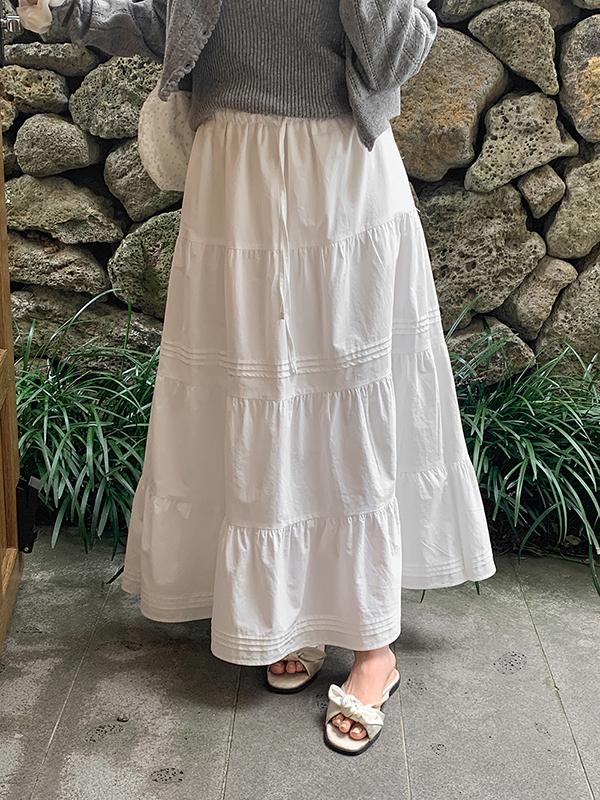 프렌치오브 [단독][후기극찬/비침X][MADE]베르소 캉캉 핀턱 플레어 밴딩 여름 가을 롱 스커트(2color)