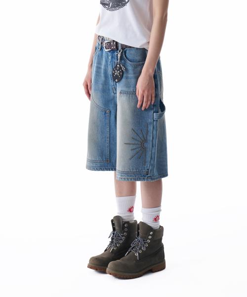 Washed Double Knee Bermuda Denim Pants (Blue)