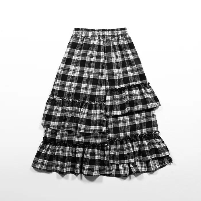 GATHERED TIERED LONG SKIRT - CHECK