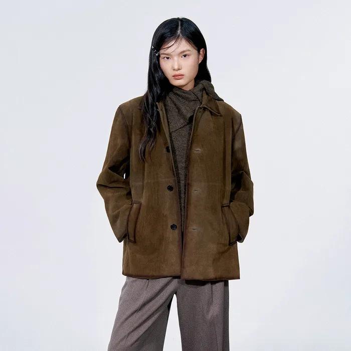 BRUSHED HALF LEATHER JACKET (OLIVE GREEN)