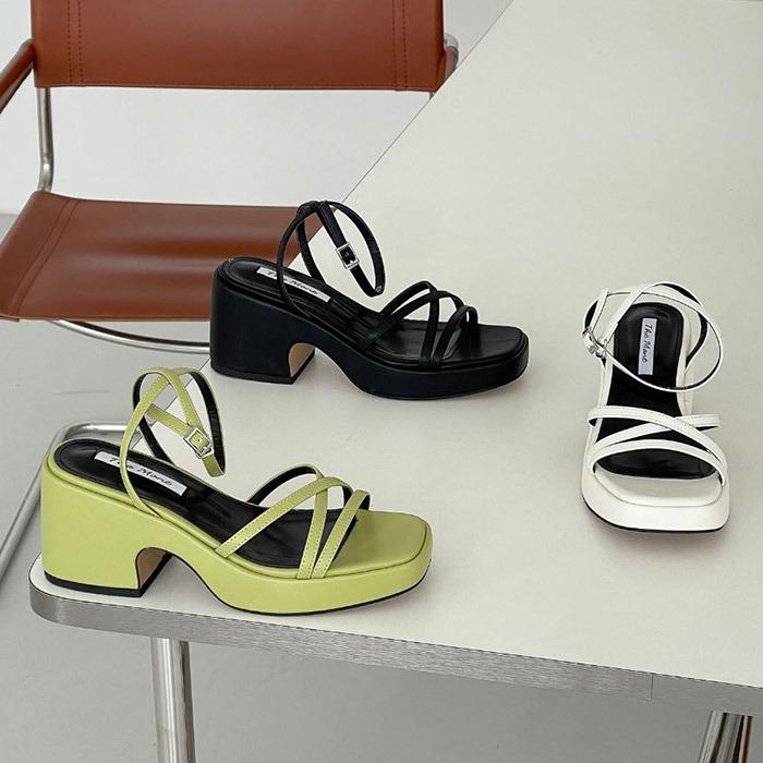 HS1835 스퀘어 가보시 통굽 스트랩라인 발목버클 샌들 7.5cm