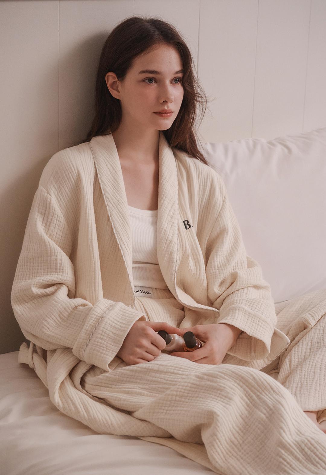 Cotton Stripe Piping Robe Pajama Set (ivory)