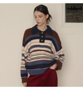 [시즌오프] 캐쥬얼 카라넥 스트라이프 배색 울 니트 (WIBDNT022)