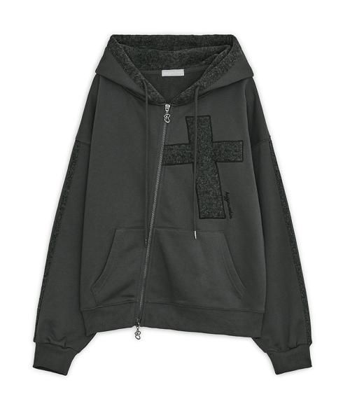크로스 패치 후드 집업 (차콜)