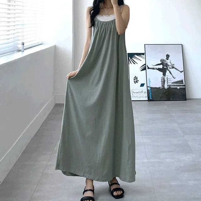 [*당일발송*/빅사이즈]군살커버! 끈나시 슬리브 셔링 뷔스티에 박시 롱 원피스 4col