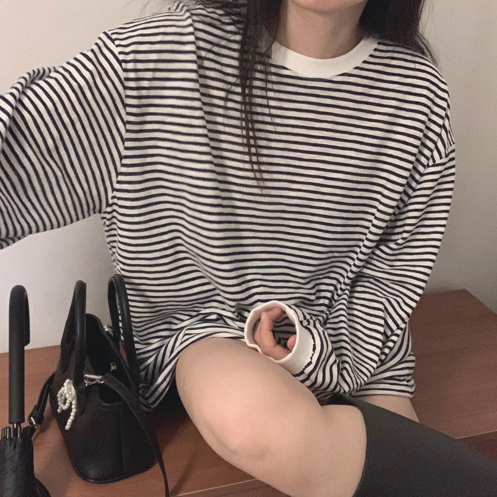 장마철 스트라이프 얇은 긴팔 티셔츠
