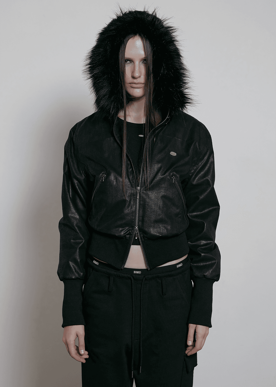 PHYTON LEATHER FUR HOOD ZIP-UP, BLACK