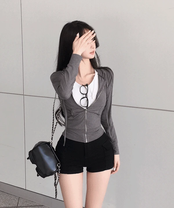 [ 몸매보장 ] 캣츠 슬림 크롭 후드집업