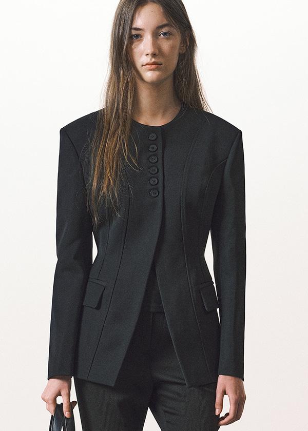 라운드 넥 오블리크 울 자켓_BLACK