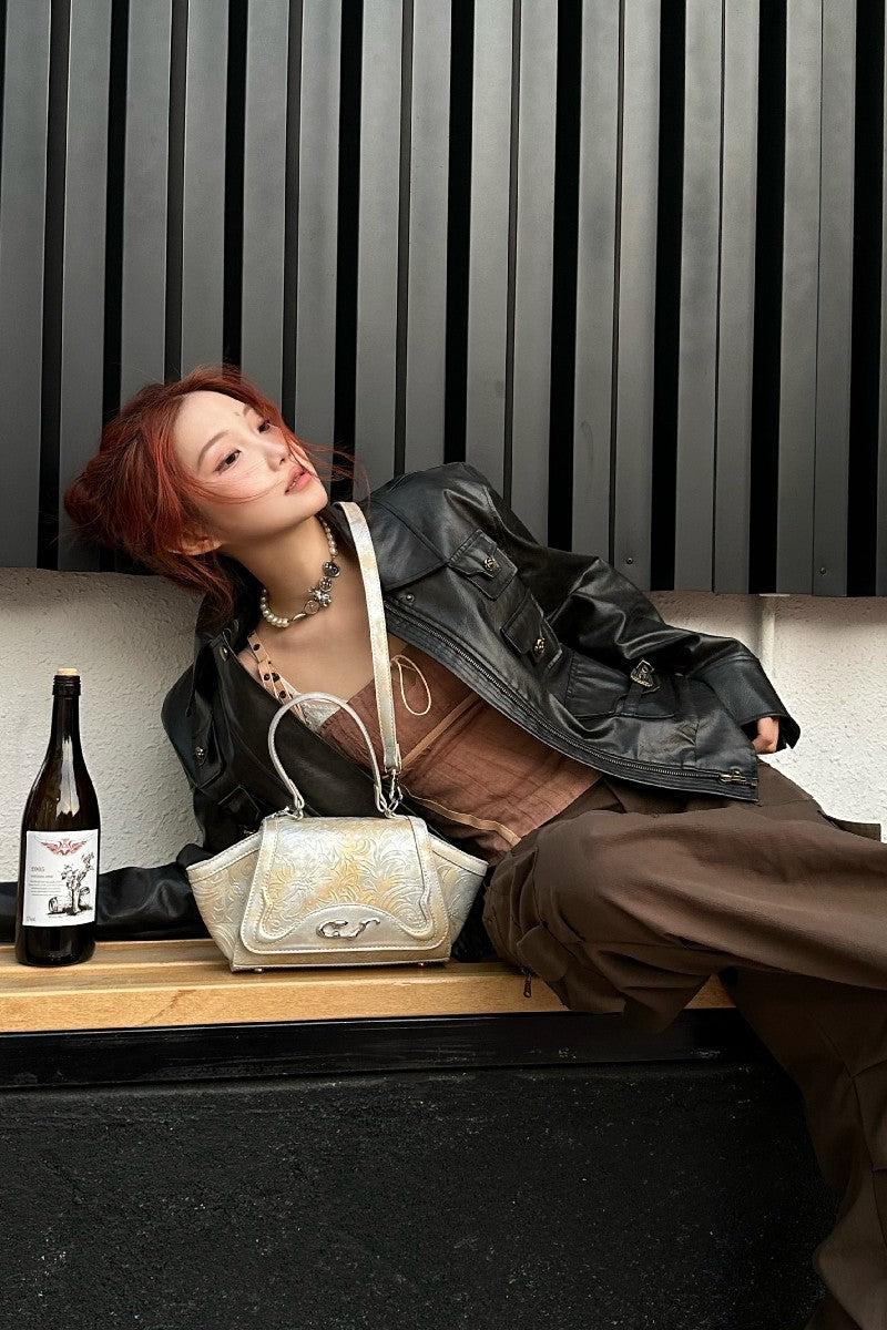 Embossed Flowers Bag - Platinum