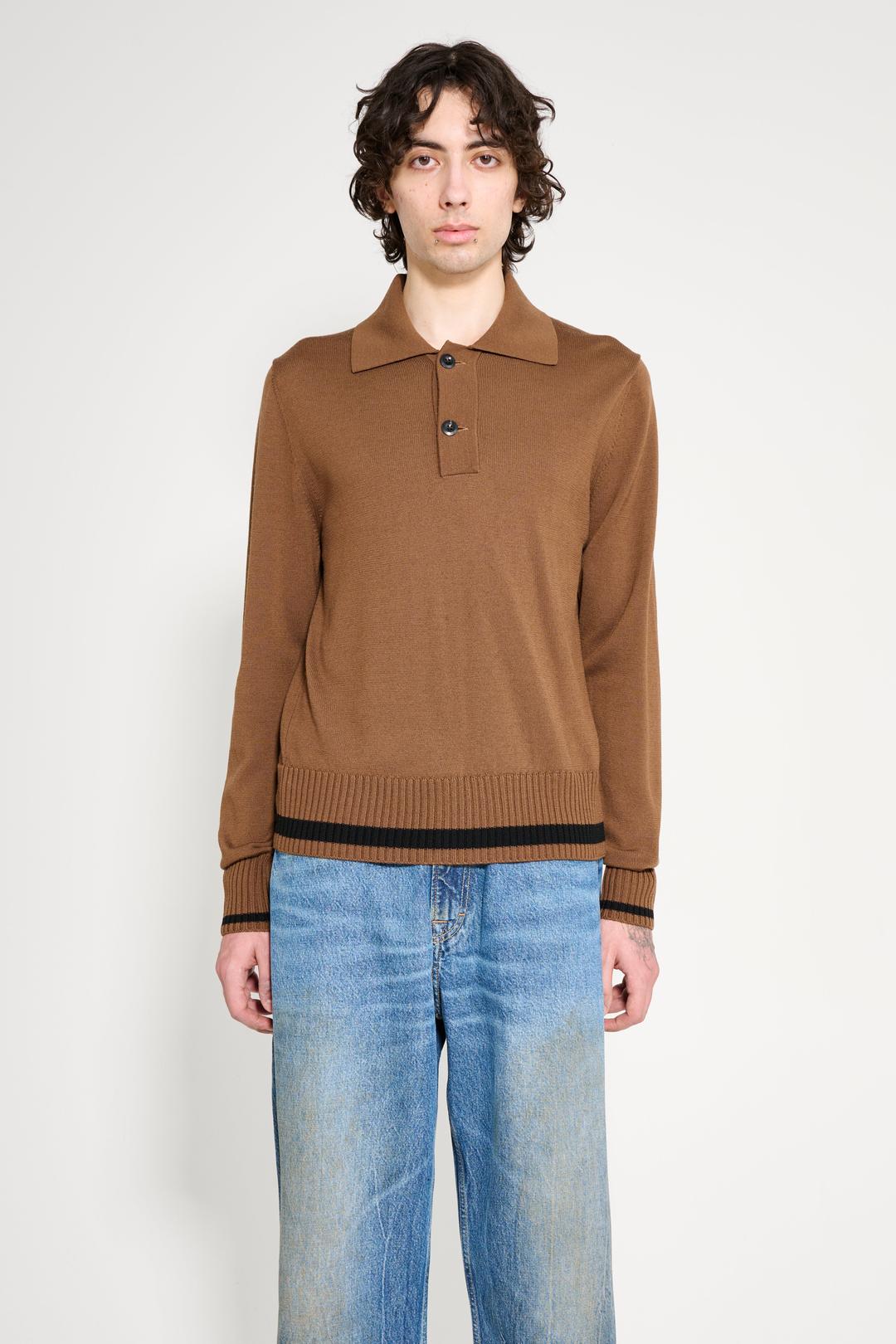 Margaret Howell Heavy Trim Polo Extrafine Merino Wool Tobacco / Black