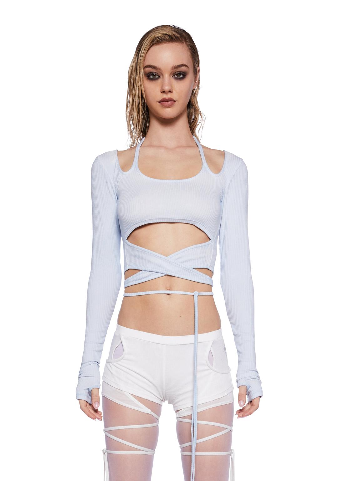 Pitch Strappy Ribbed Long Sleeve Top - GRAY / XX-Small