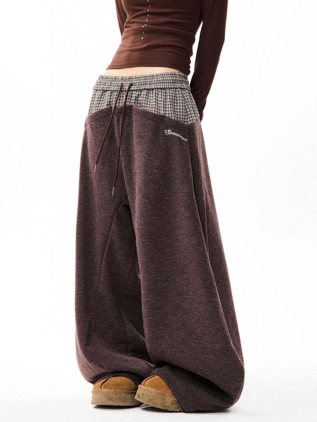 여성 레트로 체크 와이드 팬츠 캐주얼 넉넉한 데일리 스타일