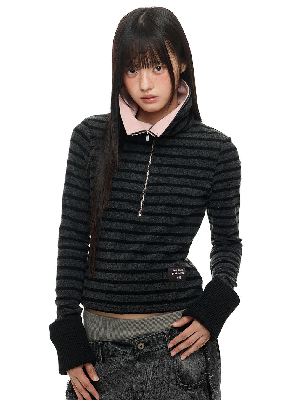 Stripe Contrast Collar Zip Top