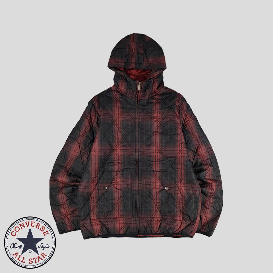 컨버스 JP 레드 블랙 체크 패턴 다이아몬드 퀼트 퀼팅 누빔 깔깔이 후드 캐주얼자켓 L