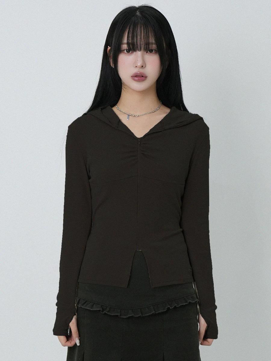 Shirring Zip-up Warmer Hoodie (black)
