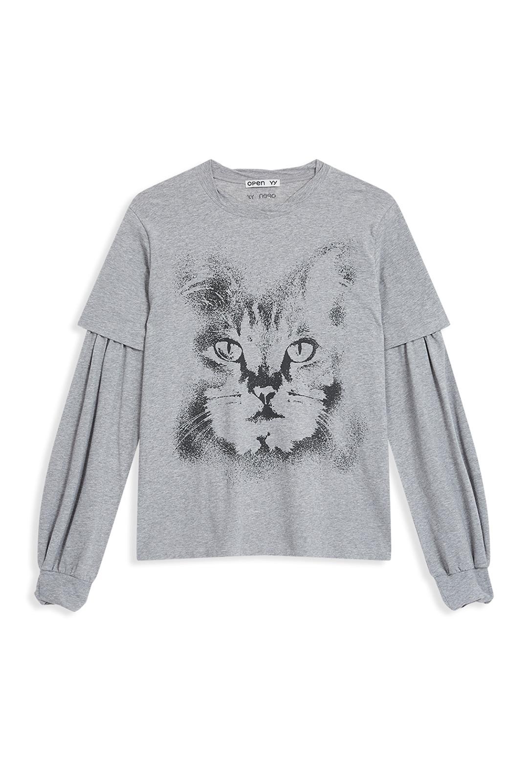 LAYERED CAT T-SHIRT, GRAY