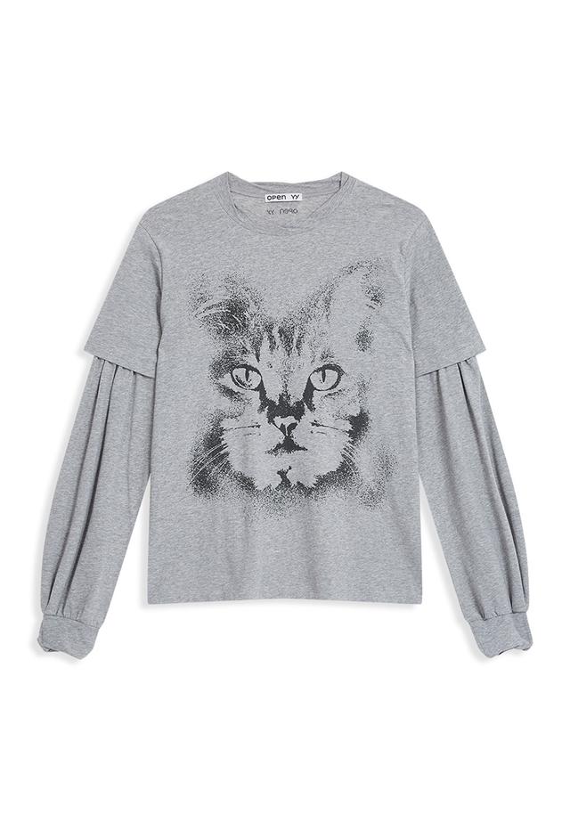 LAYERED CAT T-SHIRT, GRAY