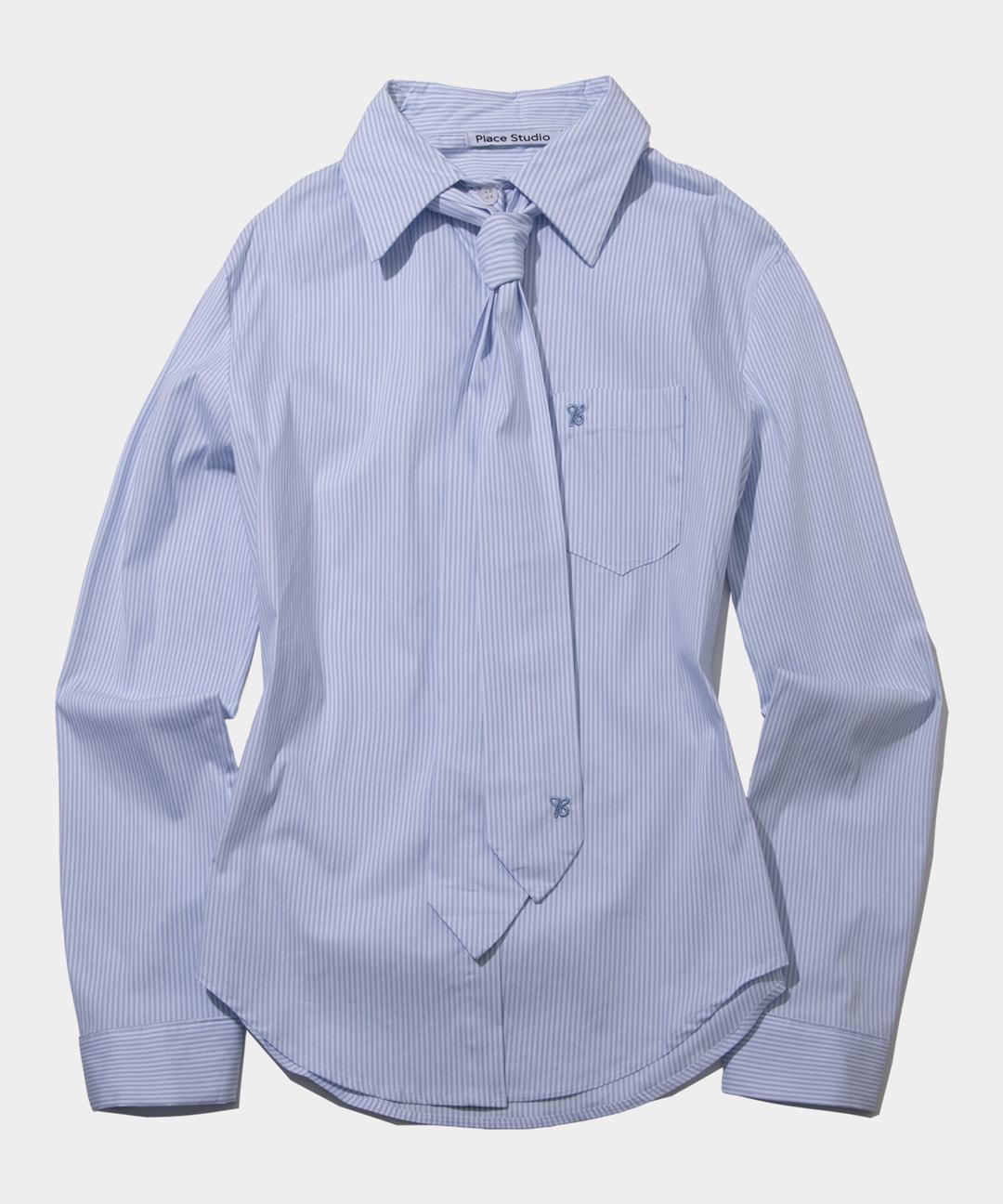 All Day Overfit Half Pocket Embroidered Stripe Shirt Set [Blue]