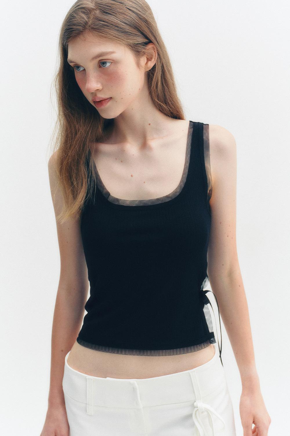 [2차: 7월 31일 예약배송] MESH SATIN RIBBON SLEEVELESS SHIRT_TT5S217BK