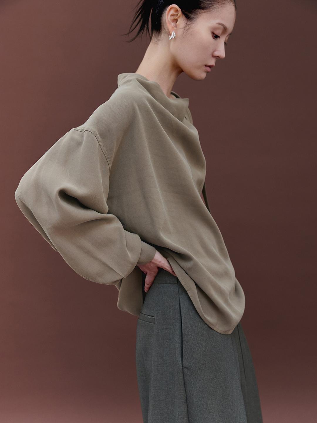 Asymmetric Drape Collar Shirt, Beige Brown