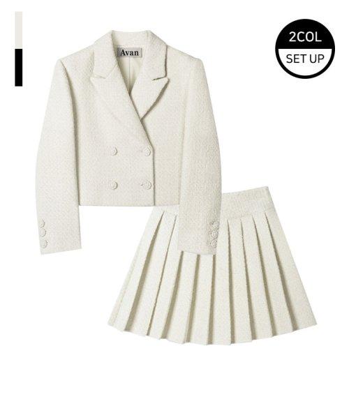 [SET] Daphne Tweed Double Button Crop Jacket & Pleated Skirt - 2COL