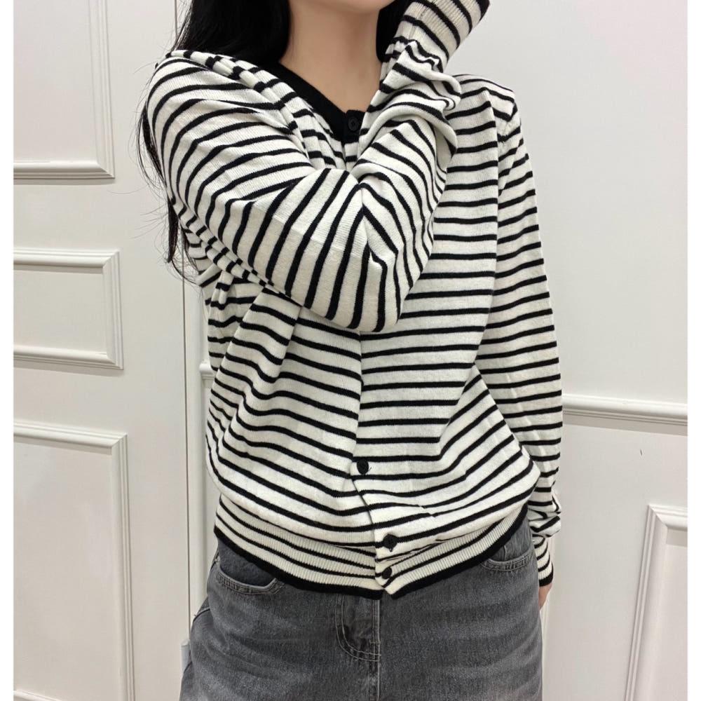 stripe round cardigan 앤 배색 단가라 가디건 (2color)